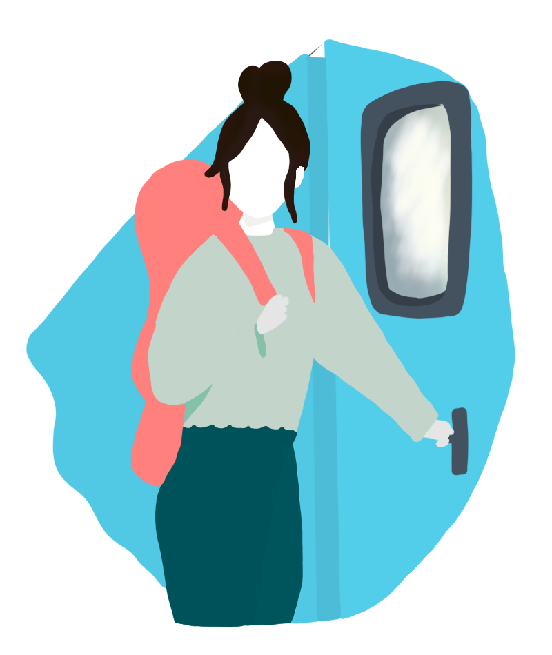 Girl with backpack entering train